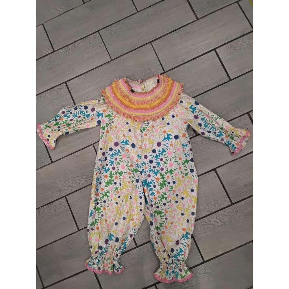 Kids Vintage Style Floral Clown Costume Daisy Print Fringe Sequin Jumpsuit-S